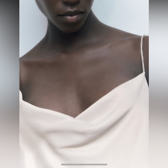 NEW ZARA Silky Satin Taupe Cowl Neck Mini Slip Dress Rhinestone Strap Fit&Flare - Picture 10 of 11